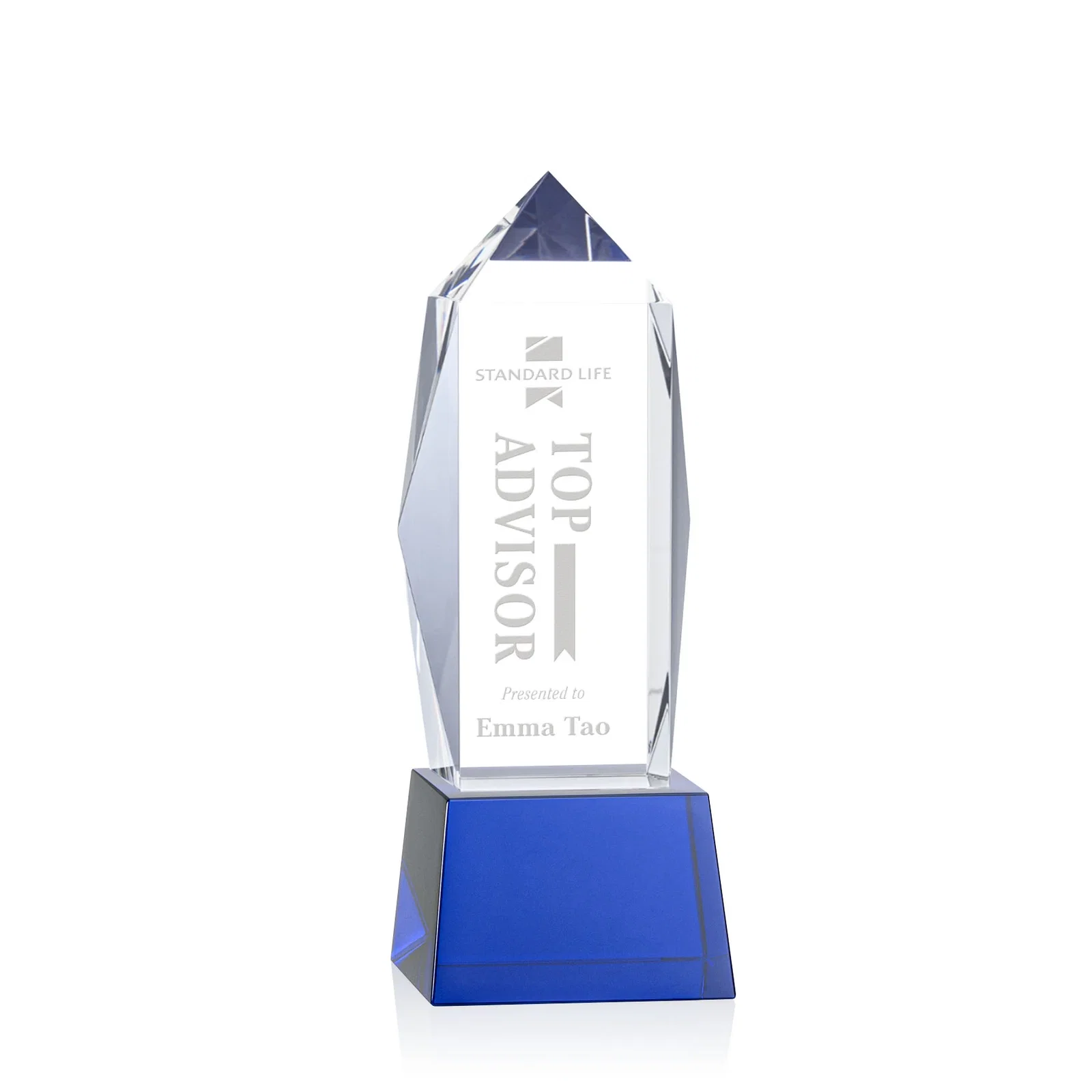Personalized Optical Crystal Obelisk Award on Tapered Crystal Base, awards for service anniversary gifts