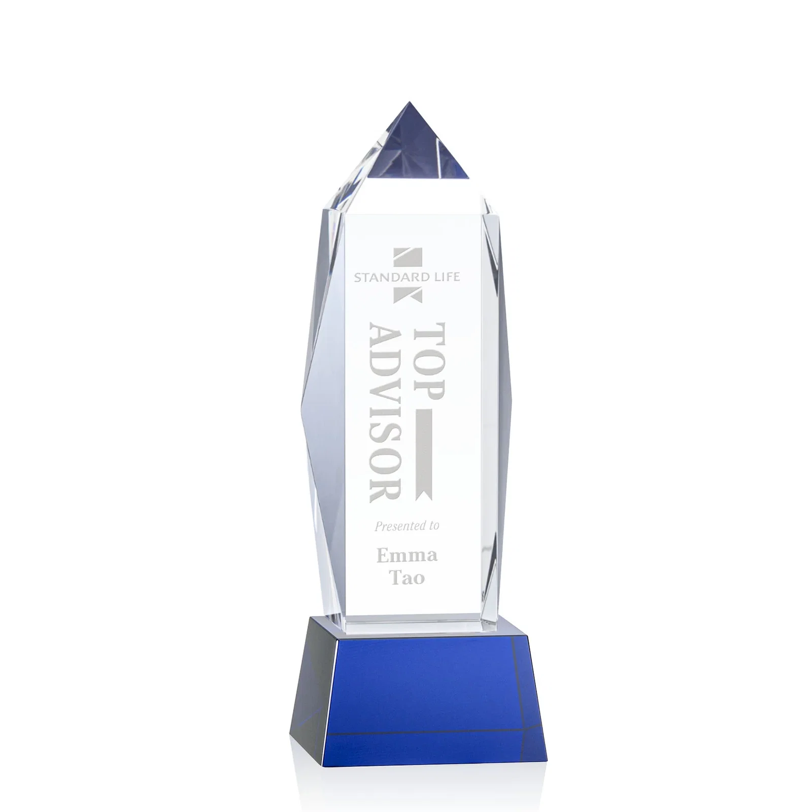 Personalized Optical Crystal Obelisk Award on Tapered Crystal Base, awards for sales achievement awards