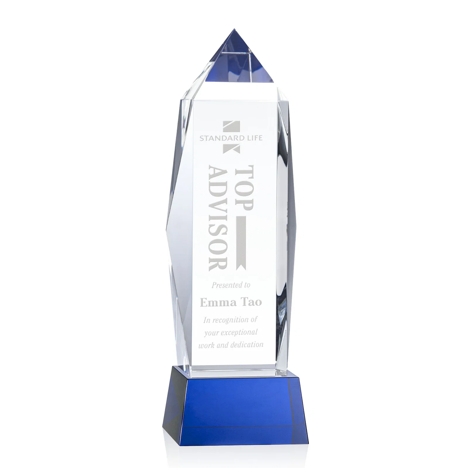 Personalized Optical Crystal Obelisk Award on Tapered Crystal Base, awards for retirement presentations