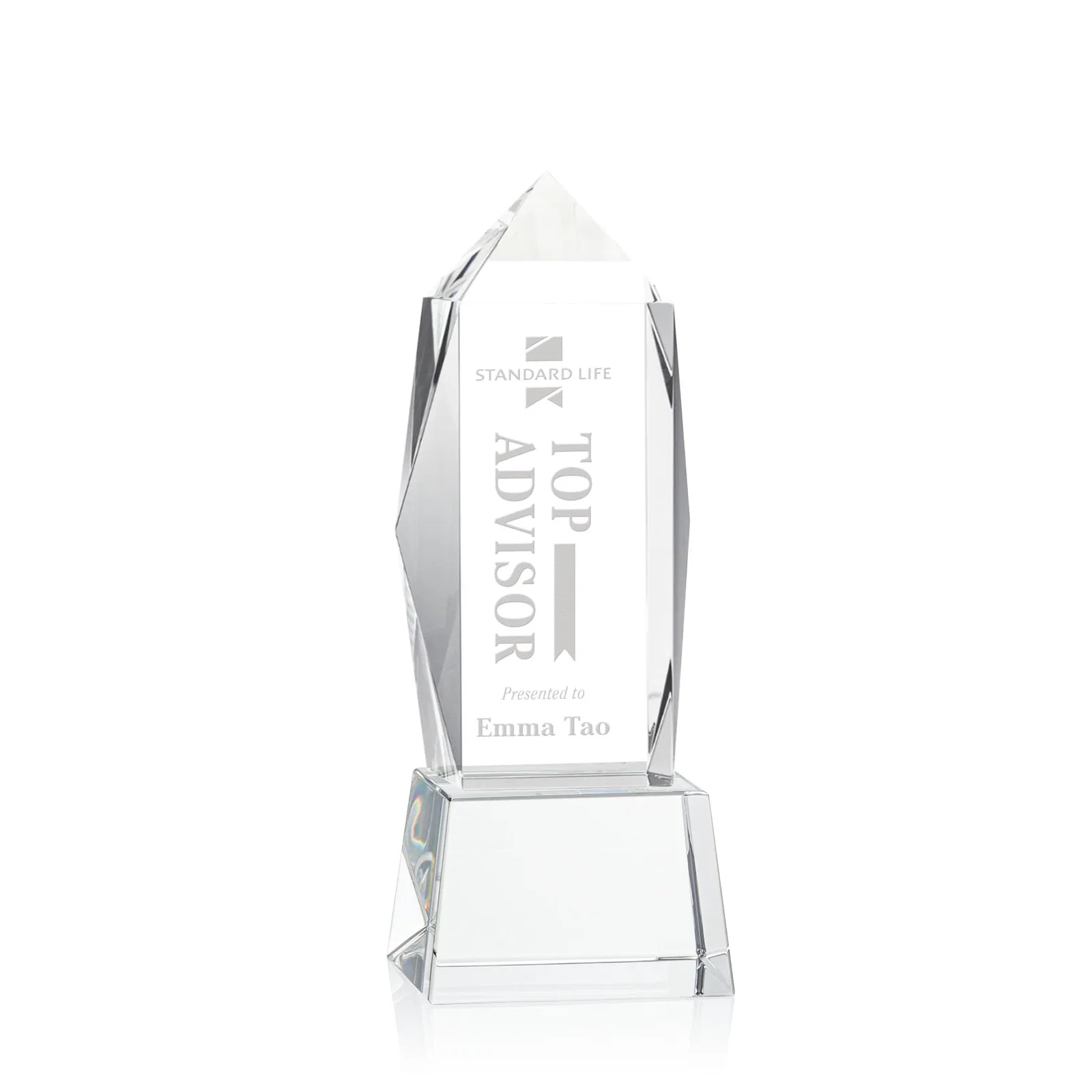 Custom Optical Crystal Obelisk Award on Tapered Crystal Base, awards for corporate award ceremonies