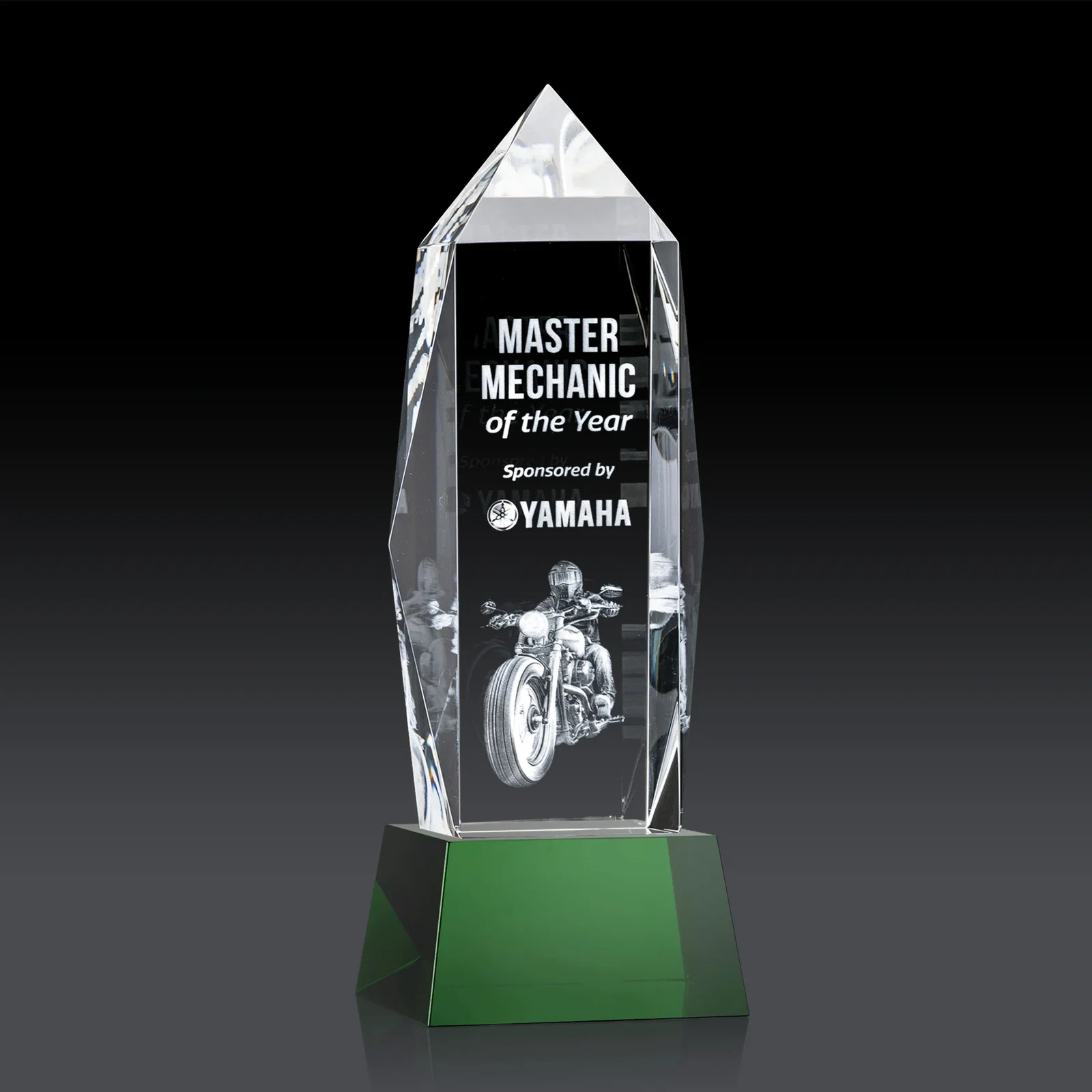 Personalized Optical Crystal Obelisk Award on Tapered Crystal Base, awards for company anniversary events