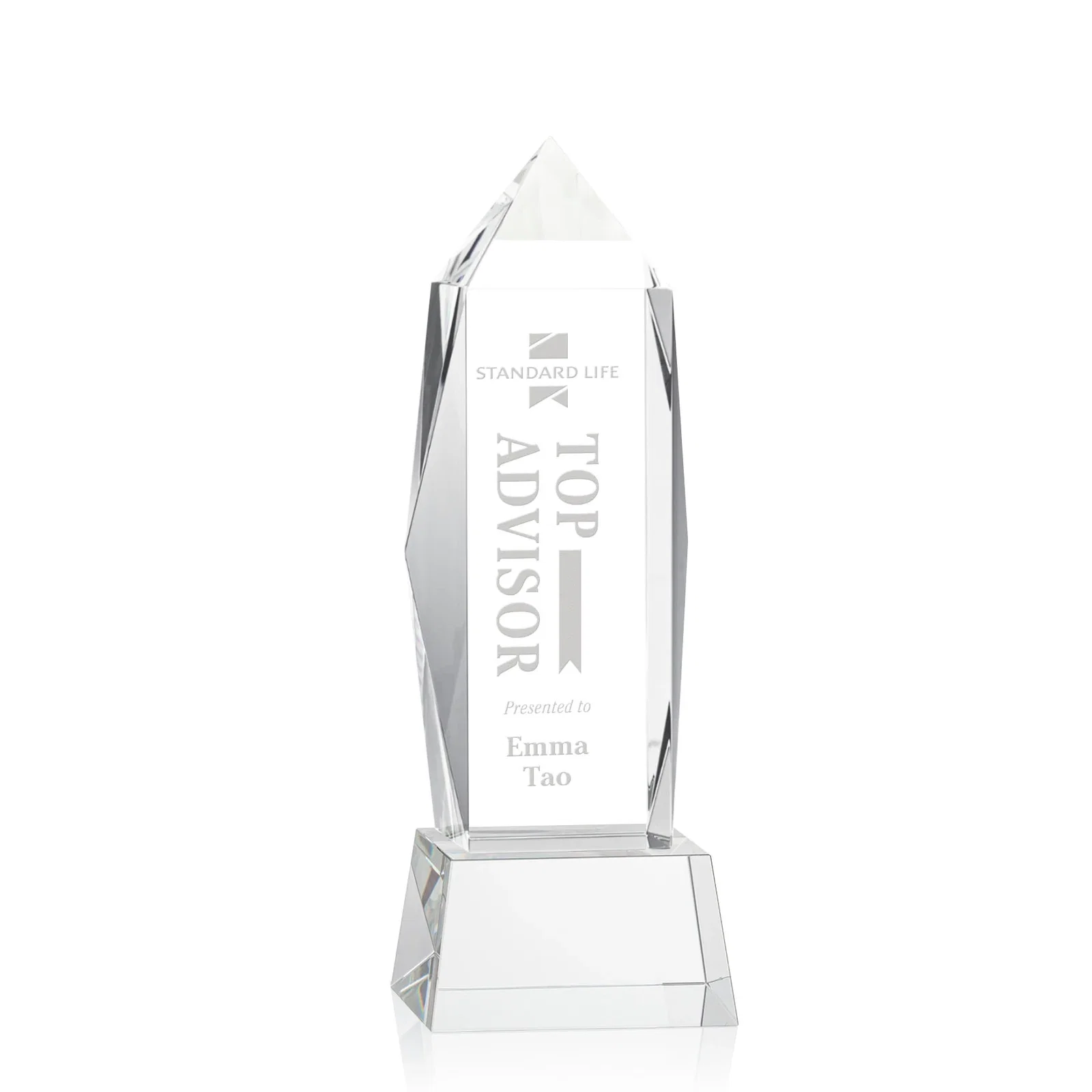 Custom Optical Crystal Obelisk Award on Tapered Crystal Base, awards for service anniversary gifts