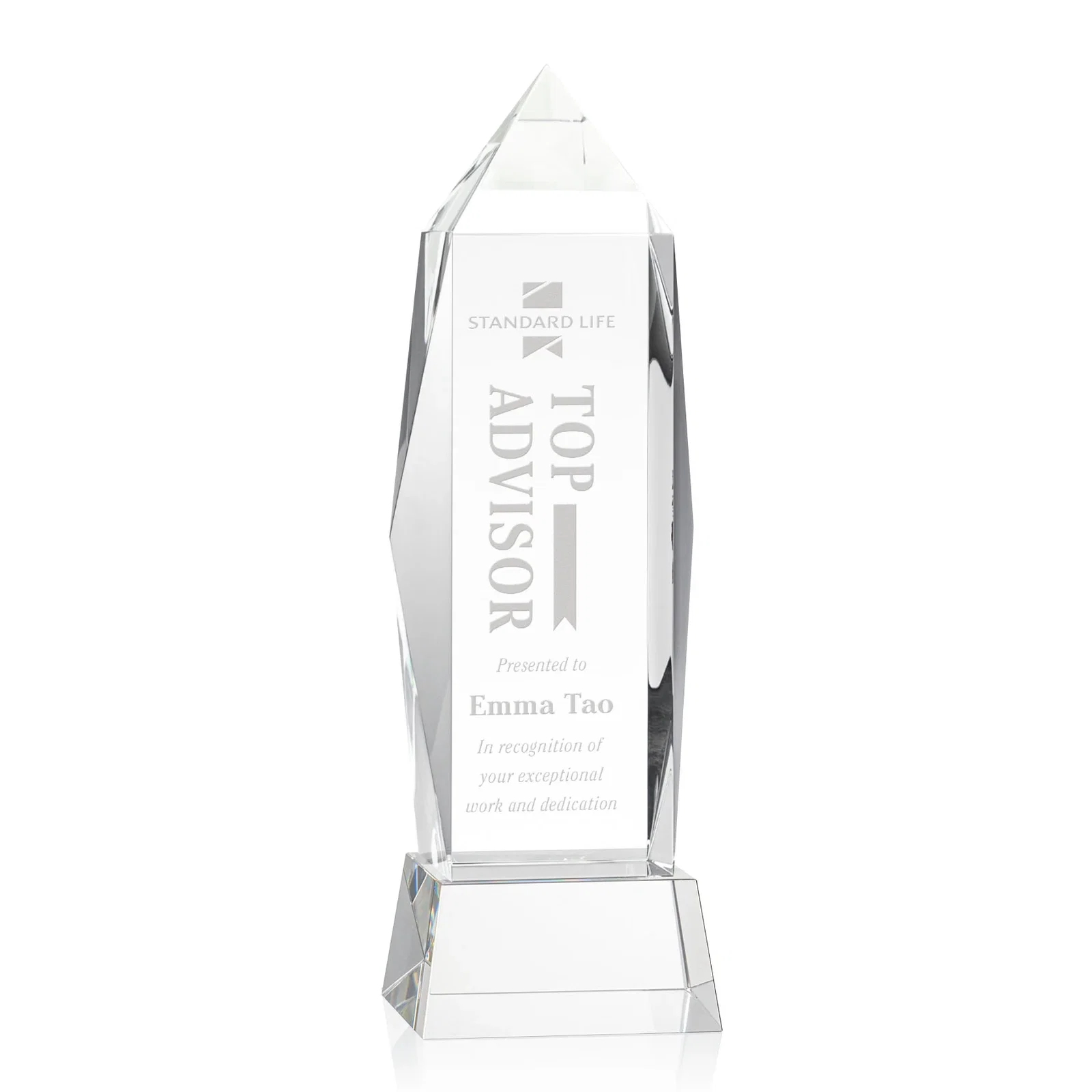 Custom Optical Crystal Obelisk Award on Tapered Crystal Base, awards for sales achievement awards