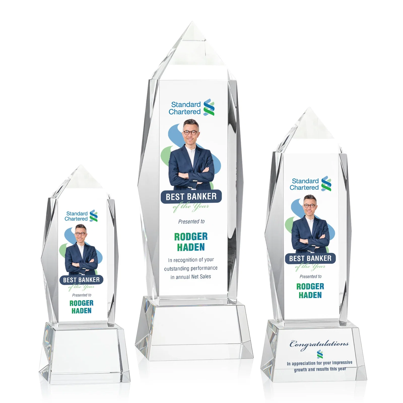 Promotional Optical Crystal Obelisk Award on Tapered Crystal Base, awards for volunteer appreciation
