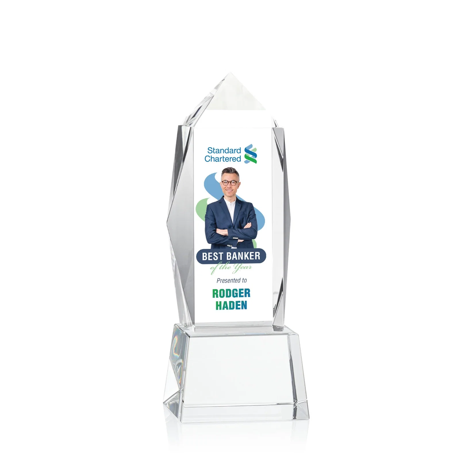 Promotional Optical Crystal Obelisk Award on Tapered Crystal Base, awards for dealer and partner awards