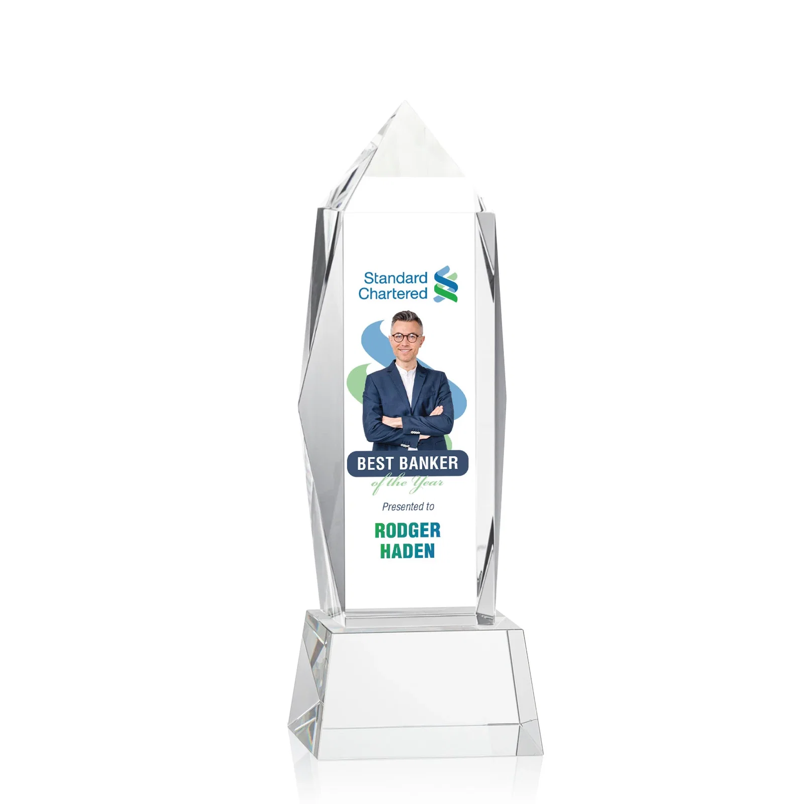 Promotional Optical Crystal Obelisk Award on Tapered Crystal Base, awards for company anniversary events