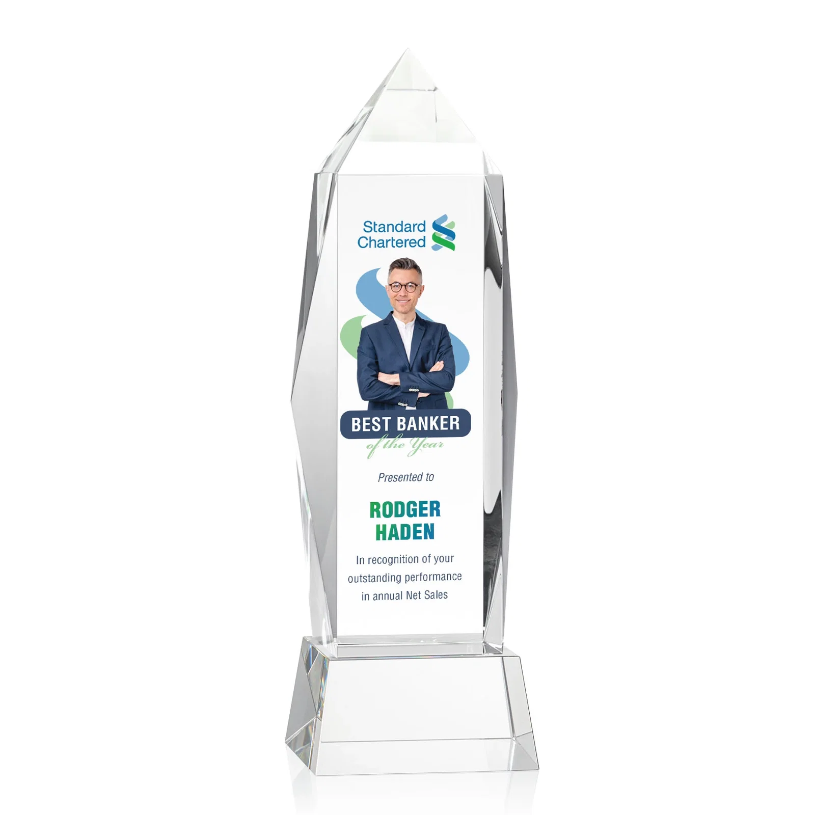 Branded Optical Crystal Obelisk Award on Tapered Crystal Base, awards for employee recognition