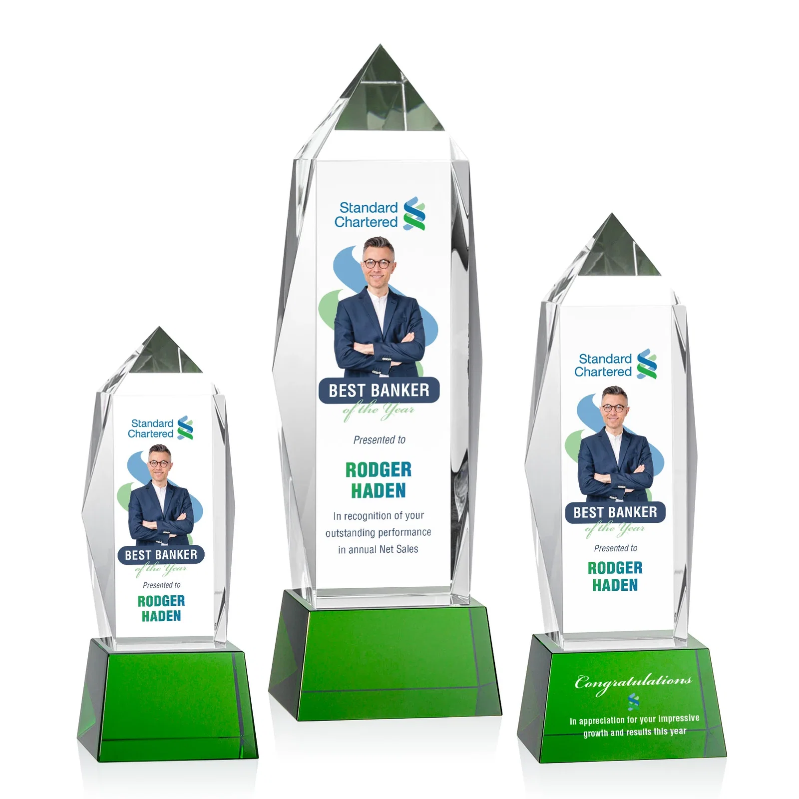 Branded Optical Crystal Obelisk Award on Tapered Crystal Base, awards for corporate award ceremonies