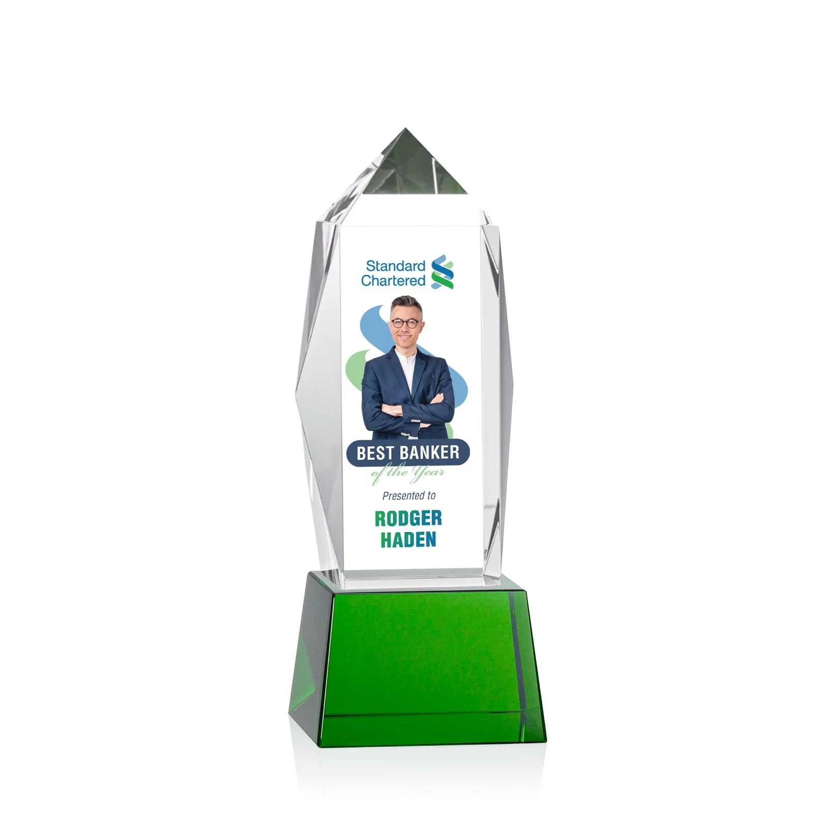 Branded Optical Crystal Obelisk Award on Tapered Crystal Base, awards for service anniversary gifts