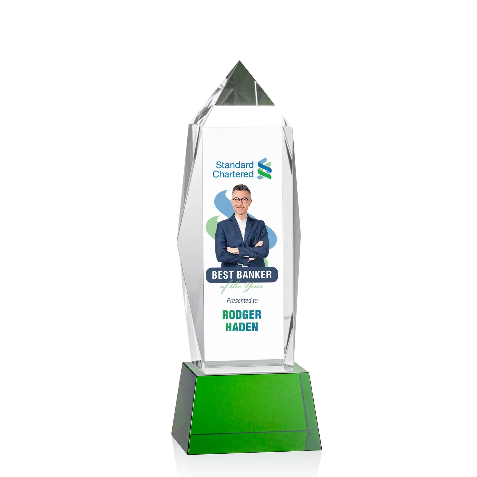 Branded Optical Crystal Obelisk Award on Tapered Crystal Base, awards for sales achievement awards