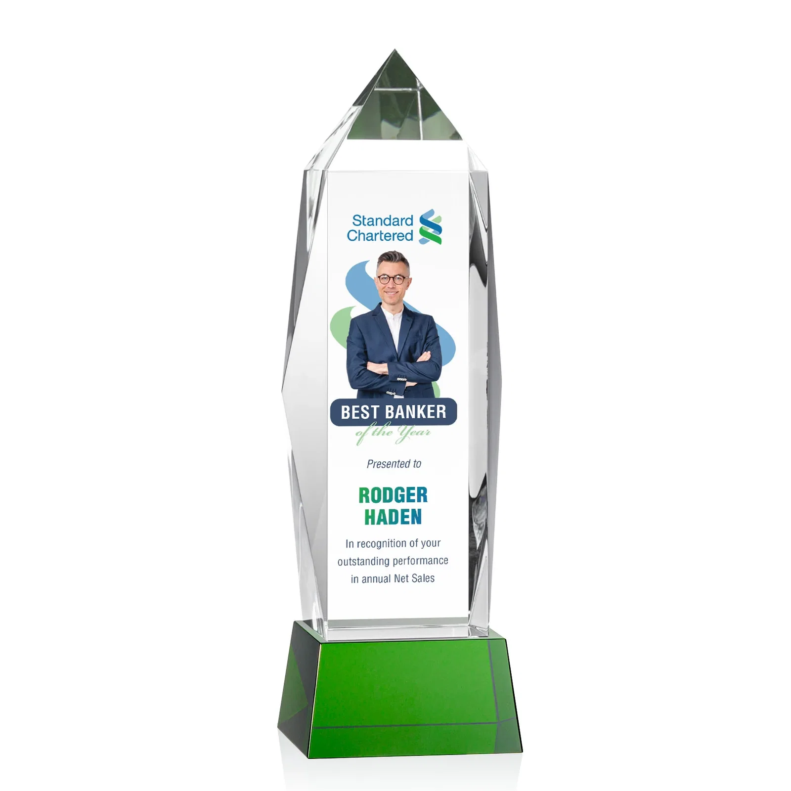Branded Optical Crystal Obelisk Award on Tapered Crystal Base, awards for retirement presentations