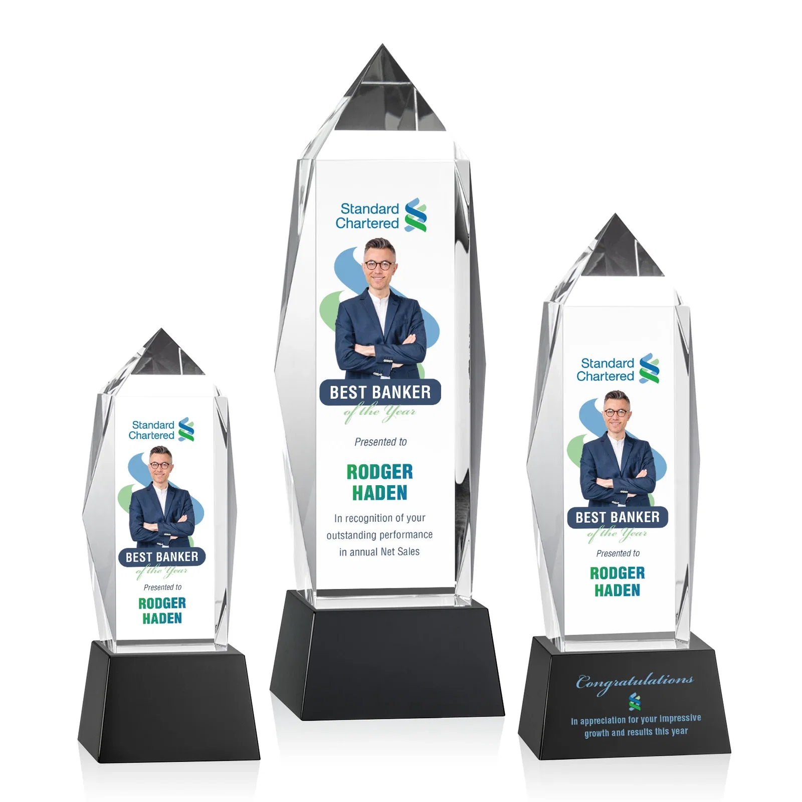 Branded Optical Crystal Obelisk Award on Tapered Crystal Base, awards for team milestone celebrations