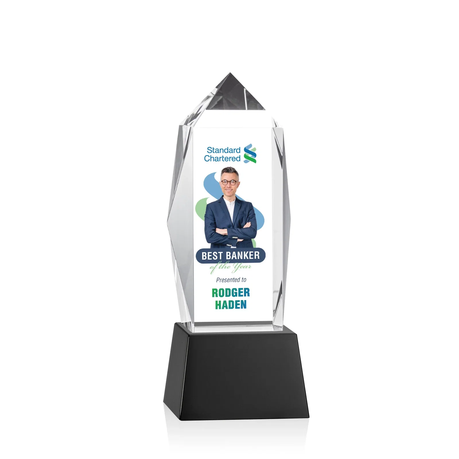 Branded Optical Crystal Obelisk Award on Tapered Crystal Base, awards for donor appreciation