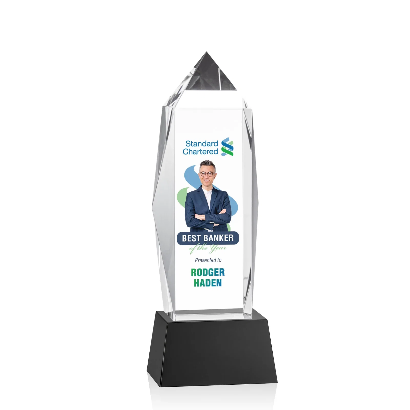 Branded Optical Crystal Obelisk Award on Tapered Crystal Base, awards for graduation ceremonies