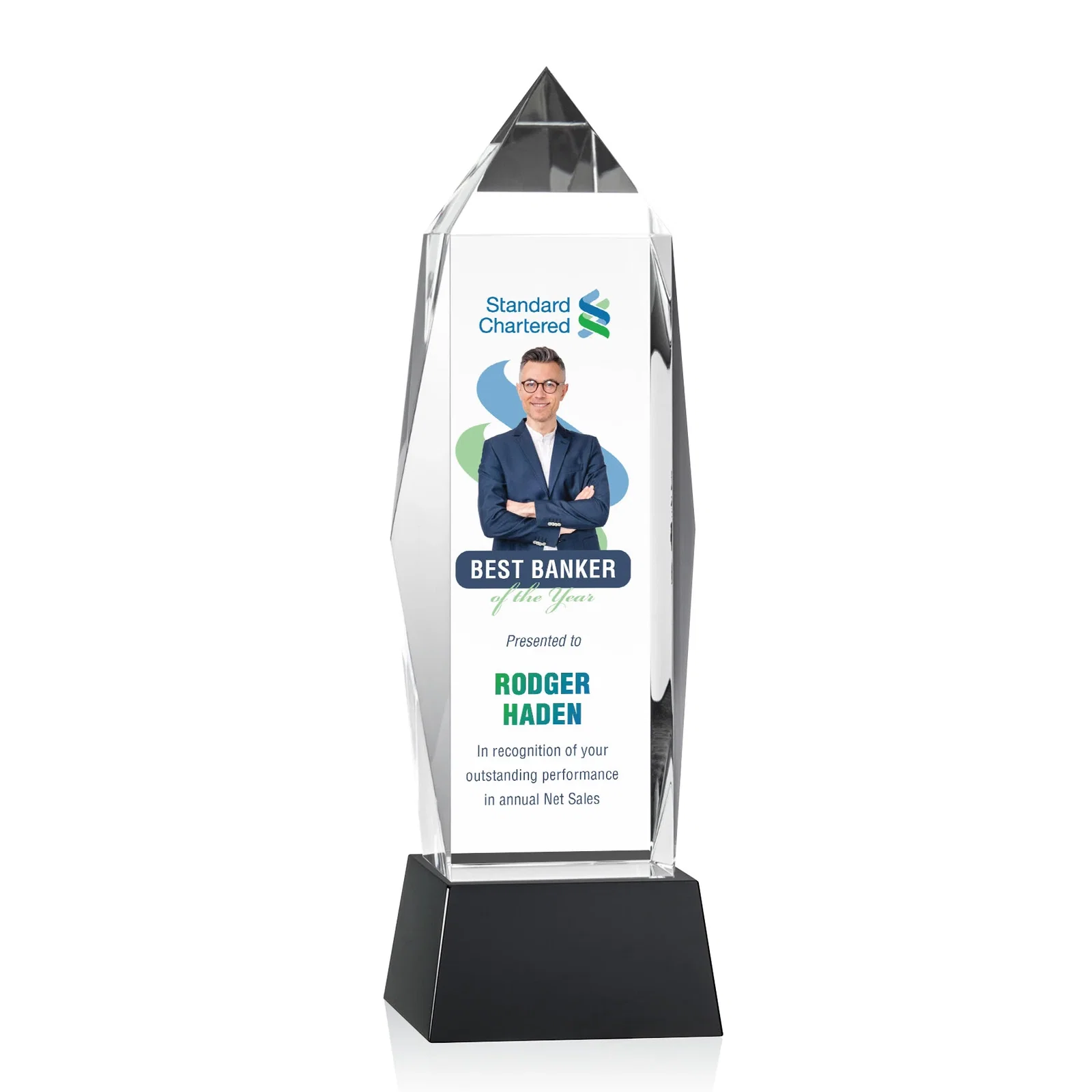 Branded Optical Crystal Obelisk Award on Tapered Crystal Base, awards for safety achievement programs