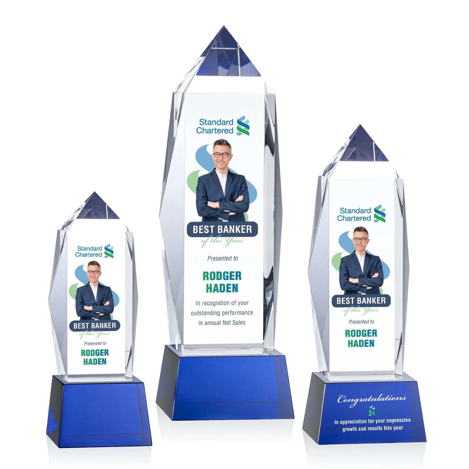 Branded Optical Crystal Obelisk Award on Tapered Crystal Base, awards for volunteer appreciation