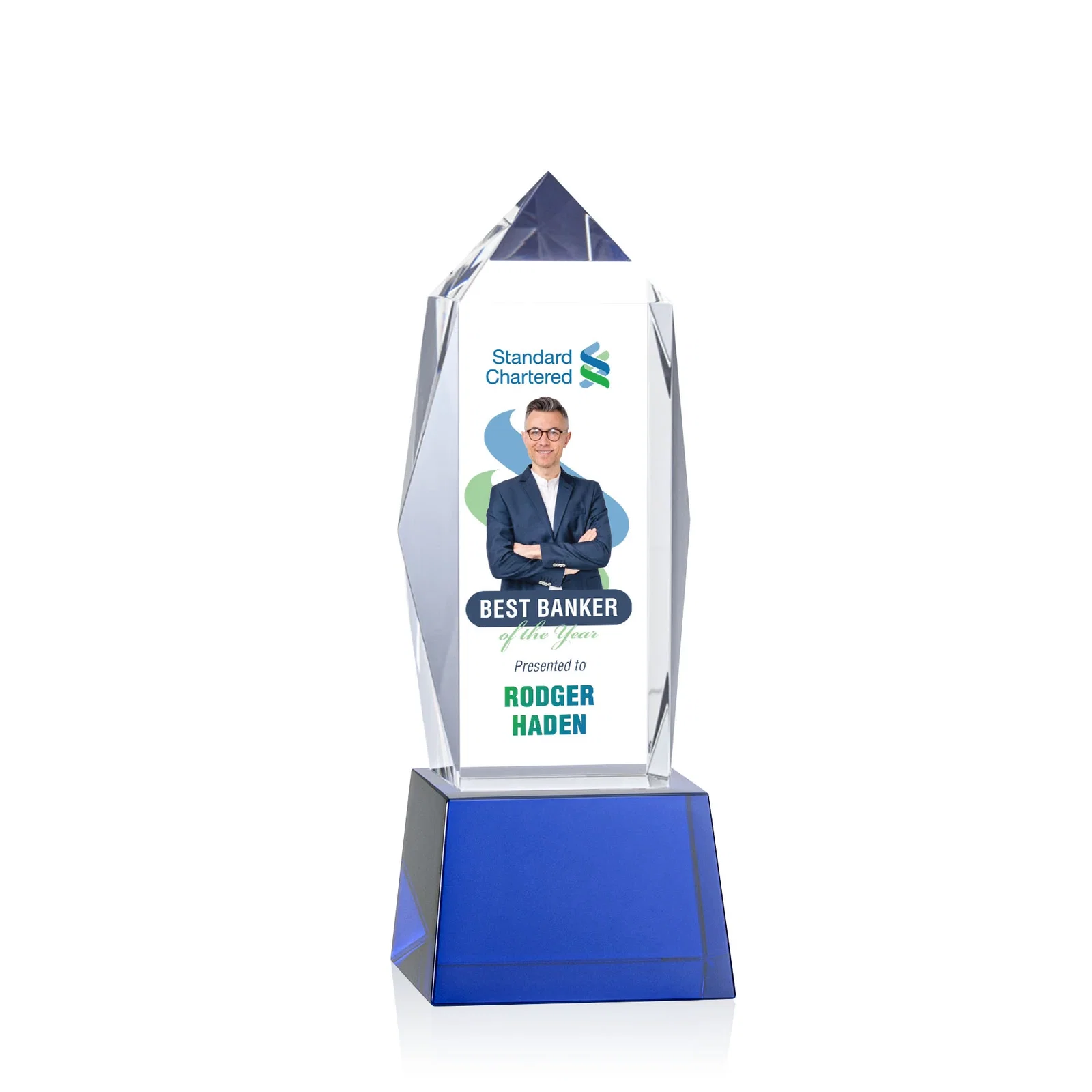 Branded Optical Crystal Obelisk Award on Tapered Crystal Base, awards for dealer and partner awards