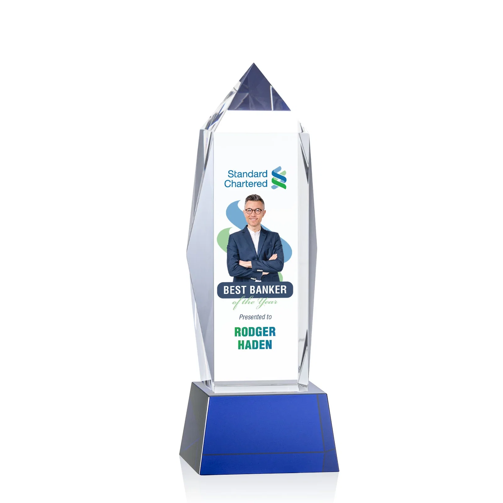 Branded Optical Crystal Obelisk Award on Tapered Crystal Base, awards for company anniversary events