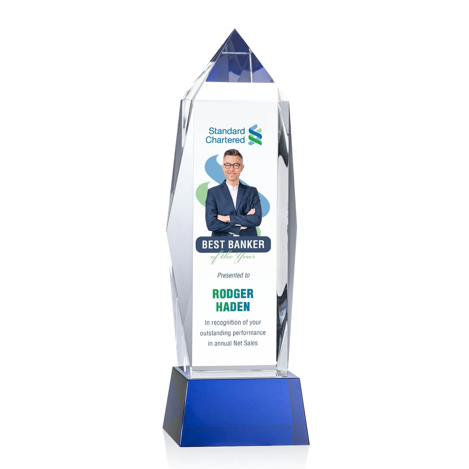 Custom printed Optical Crystal Obelisk Award on Tapered Crystal Base, awards for employee recognition