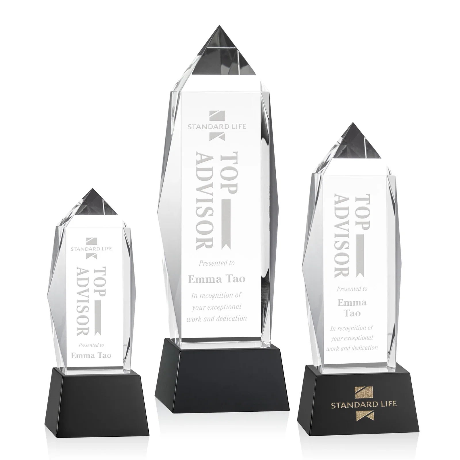 Custom Optical Crystal Obelisk Award on Tapered Crystal Base, awards for team milestone celebrations
