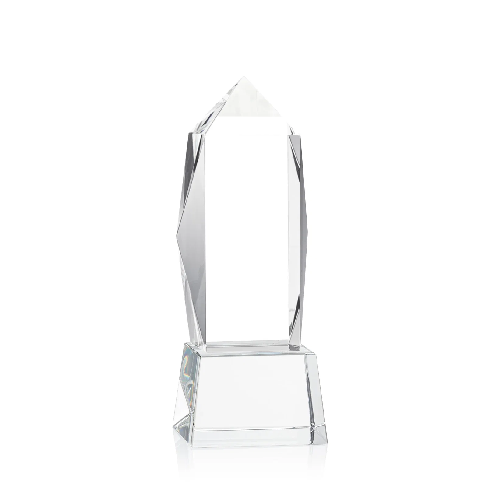Custom printed Optical Crystal Obelisk Award on Tapered Crystal Base, awards for corporate award ceremonies