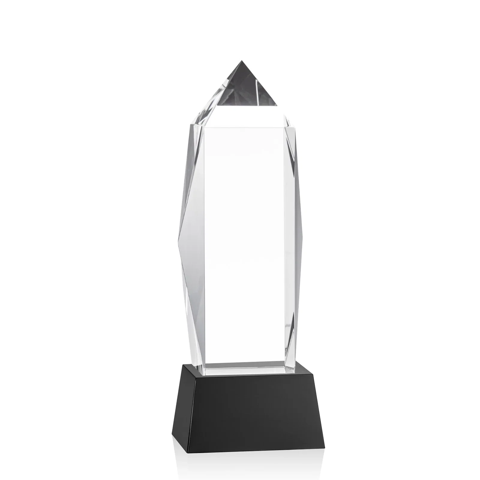 Custom printed Optical Crystal Obelisk Award on Tapered Crystal Base, awards for team milestone celebrations