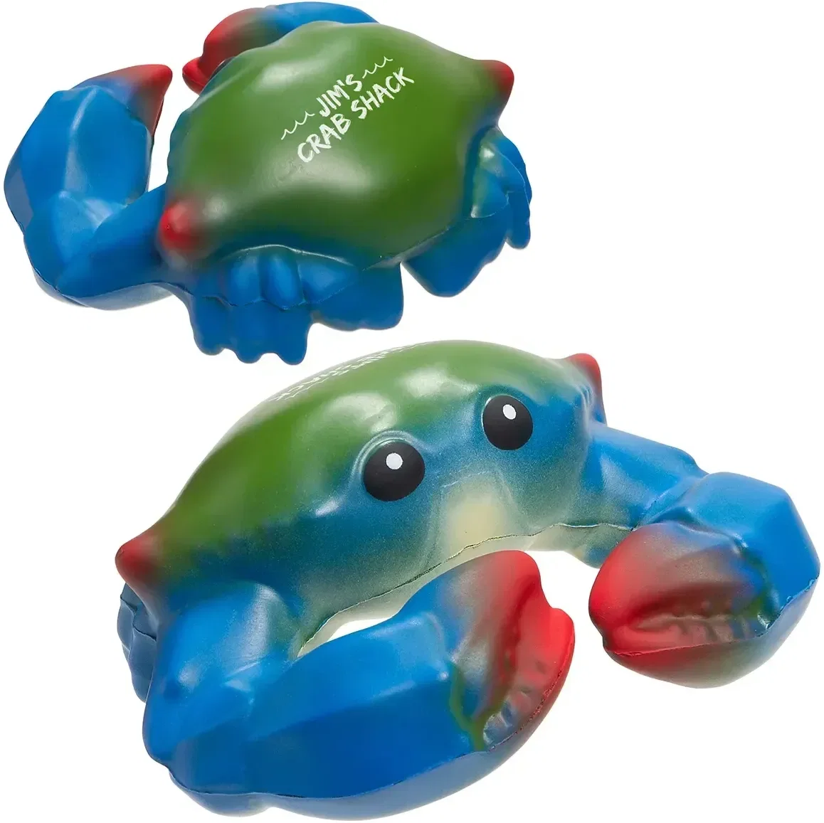 Blue crab stress reliever with custom logo, branded crab-shaped promotional squeeze toy for coastal events