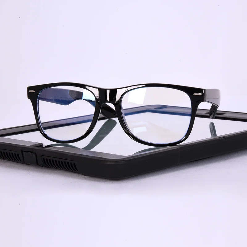 Wood color finish captured across the front of the eyewear
