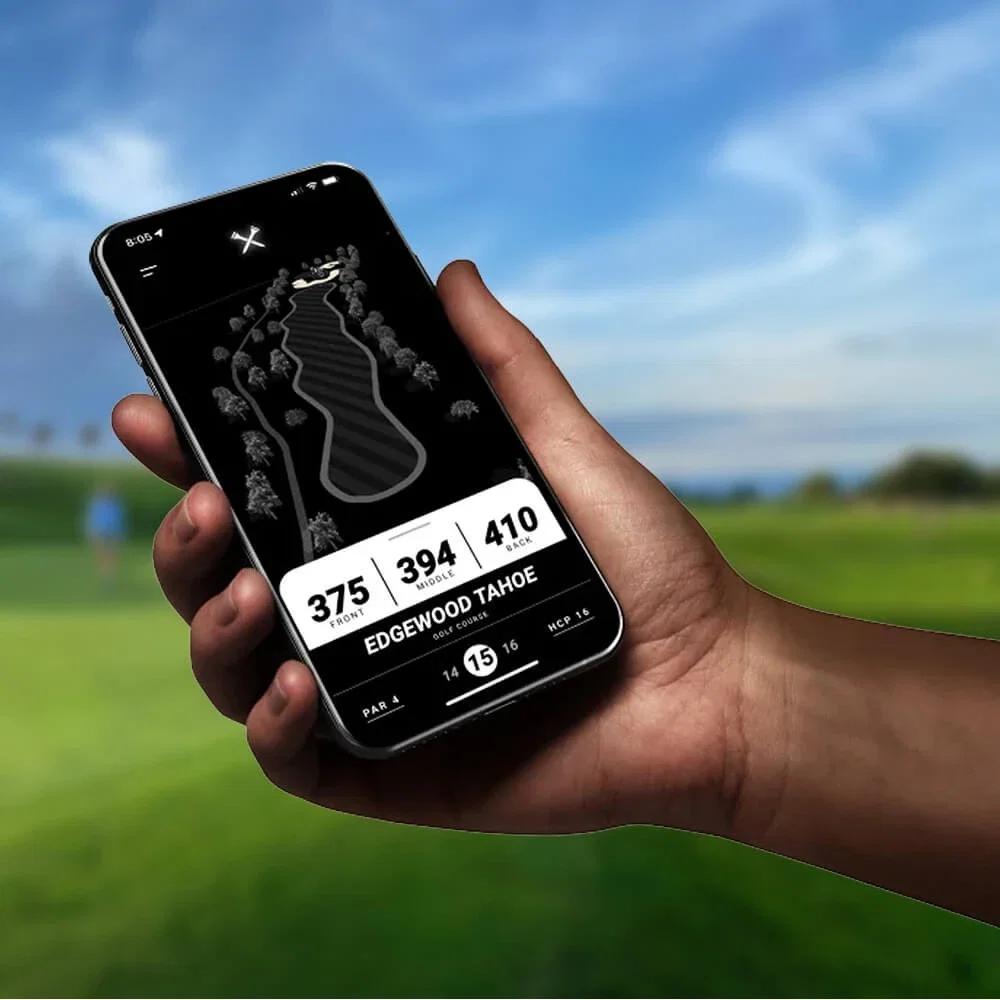 Blue Tees Player Go GPS Speaker held in hand