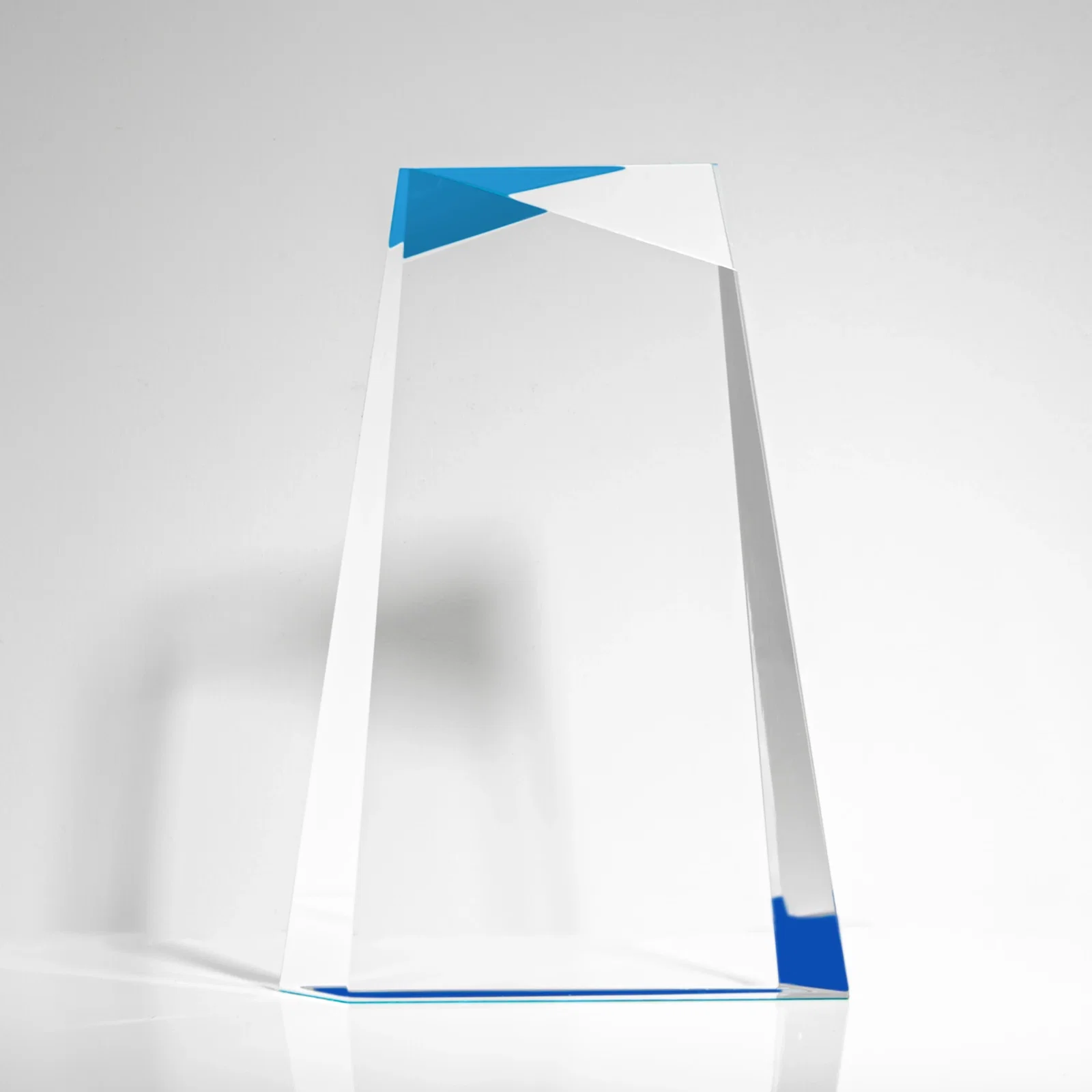 Custom Hand-Cut Facet Acrylic Tower Award on Mirrored Blue Base for volunteer appreciation