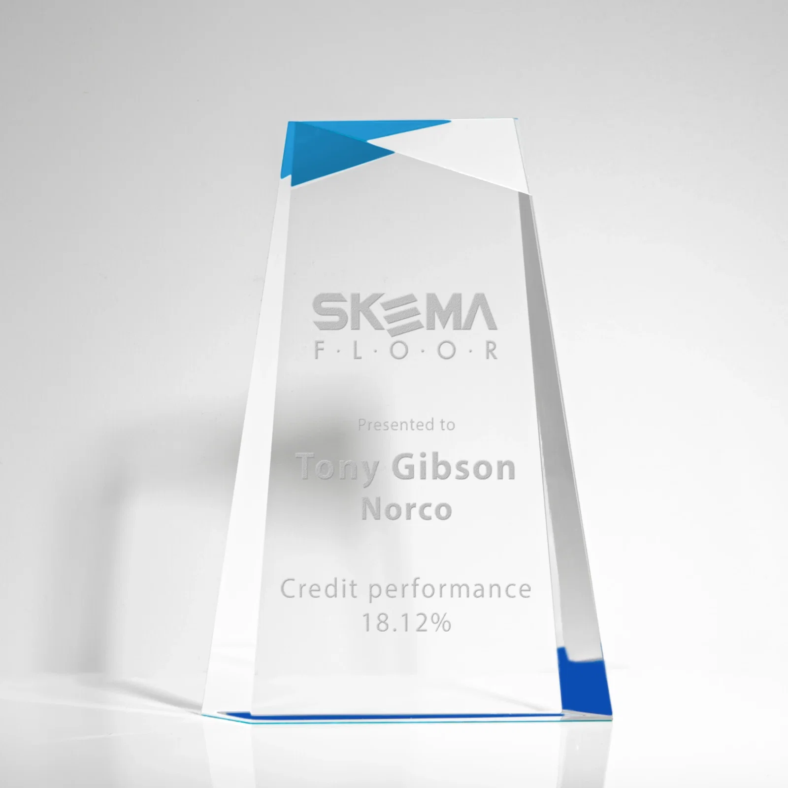 Custom Hand-Cut Facet Acrylic Tower Award on Mirrored Blue Base for service anniversary gifts