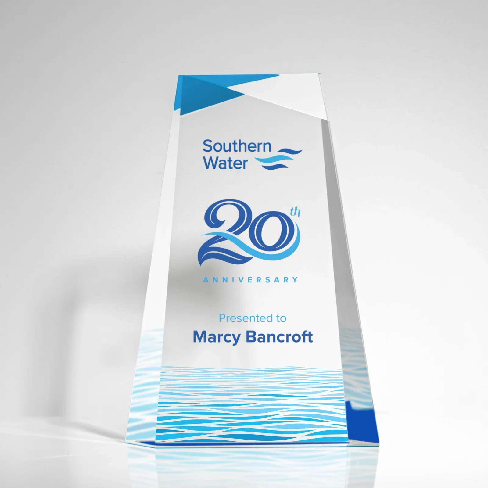 Custom Hand-Cut Facet Acrylic Tower Award on Mirrored Blue Base for donor appreciation