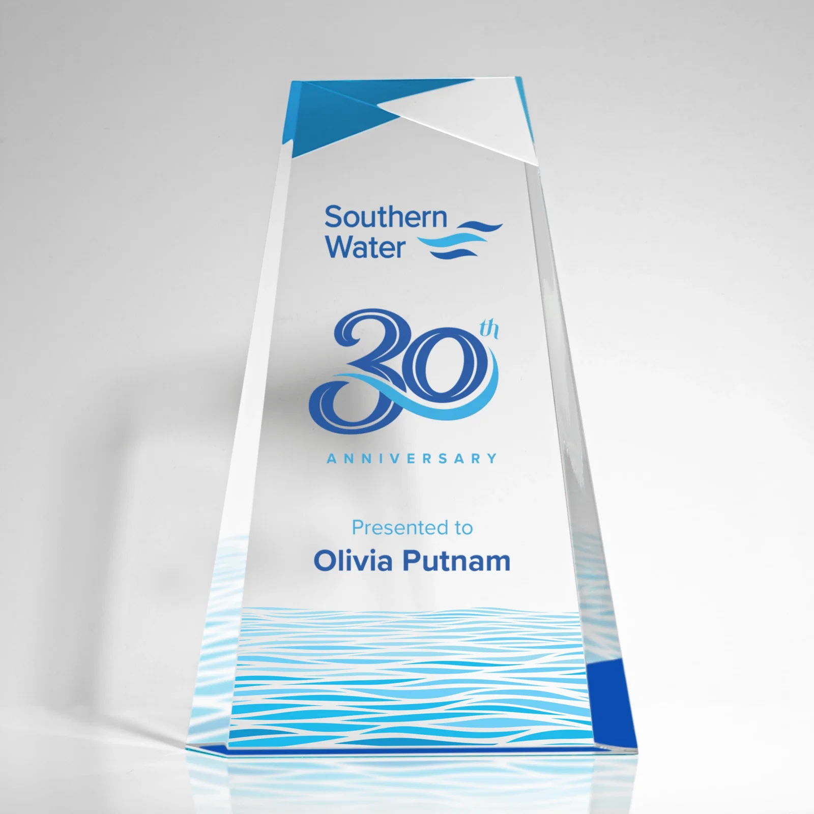 Custom Hand-Cut Facet Acrylic Tower Award on Mirrored Blue Base for graduation ceremonies