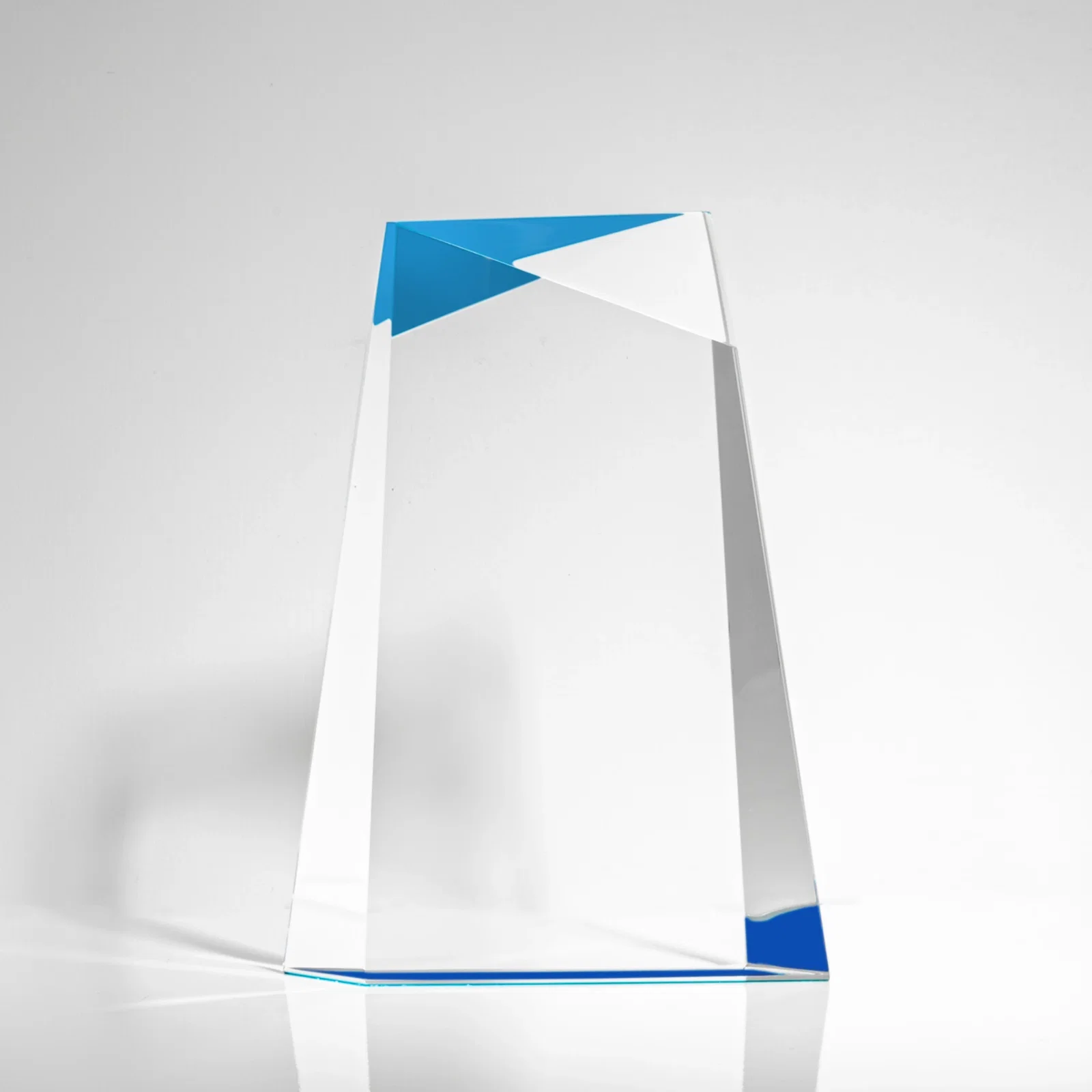 Custom Hand-Cut Facet Acrylic Tower Award on Mirrored Blue Base for safety achievement programs
