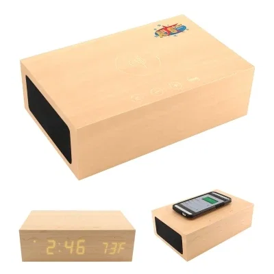 Woodtone alarm clock with a built-in charging pad and speaker