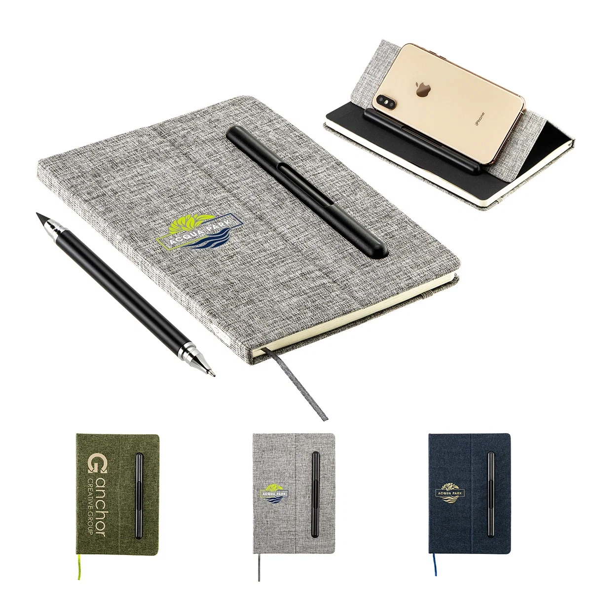 Boardroom hardcover journal with built-in phone stand and double-tipped pen, 80 lined pages