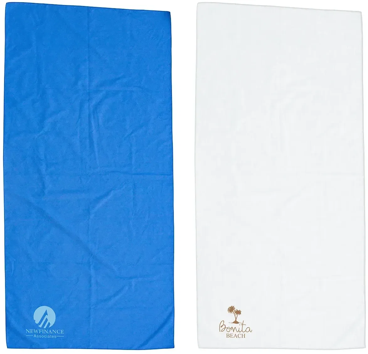 Boardwalk custom microfiber beach towel shown in second color option, branded logo hero view