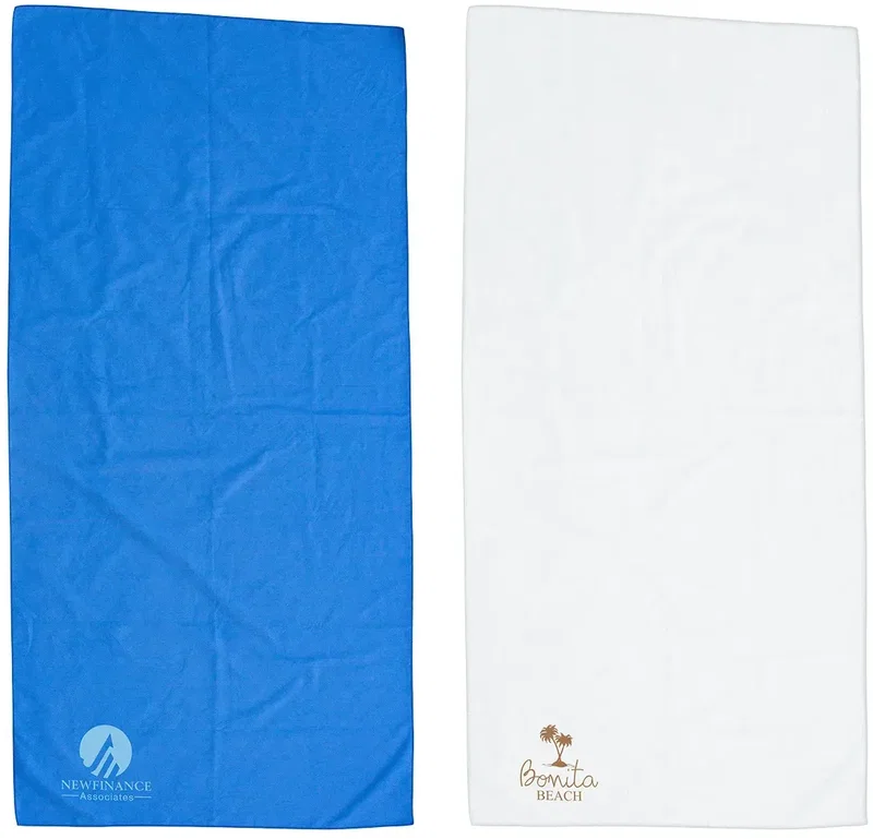Boardwalk custom microfiber beach towel shown in second color option, branded logo hero view