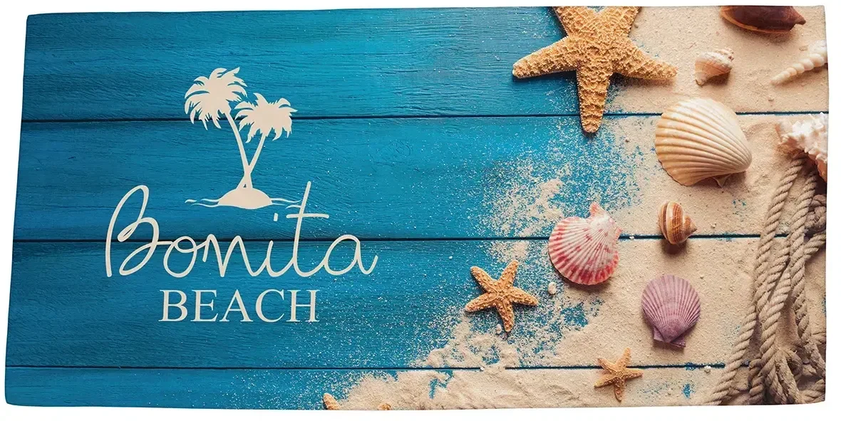 Boardwalk custom microfiber beach towel, branded 200GSM towel in first color option, full spread view