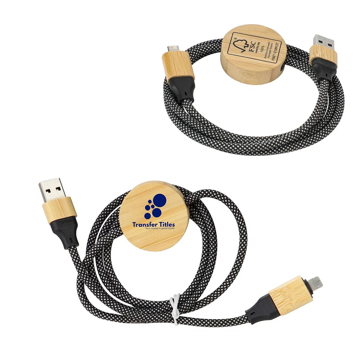 Custom Bolt 4-in-1 Charging & Data Cable, front view of the branded bamboo and RPET cable