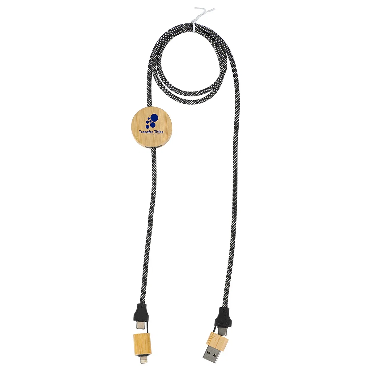 Close-up of the Bolt 4-in-1 Charging & Data Cable's connector ends and logo imprint area
