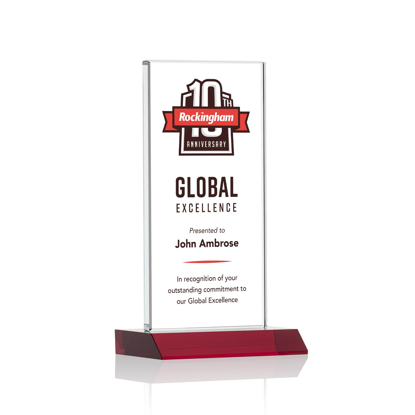 Custom printed Starfire Crystal Upright Award on Mitered Base, awards for team milestone celebrations