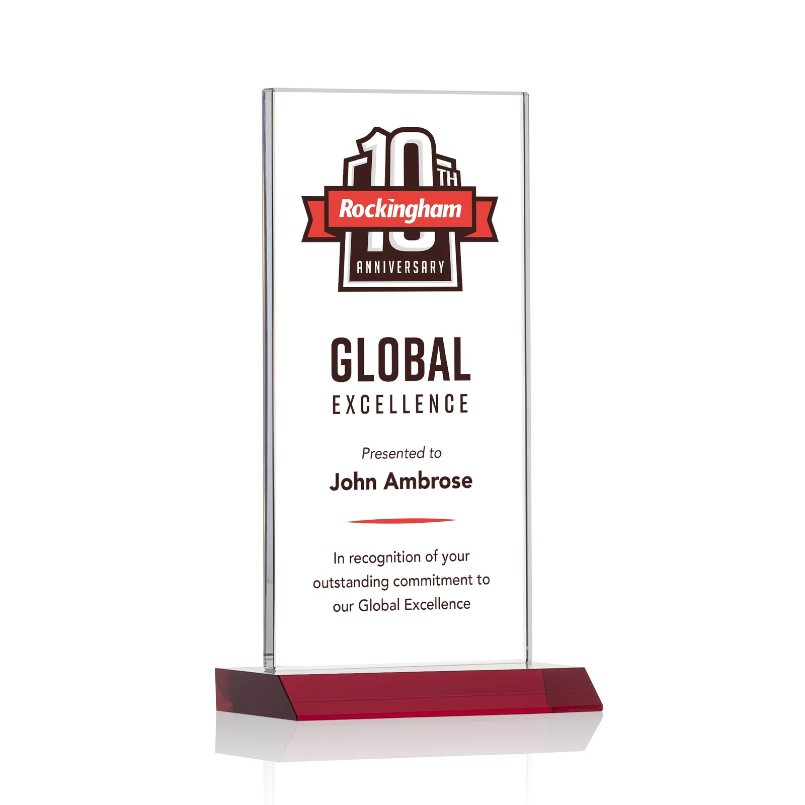 Custom printed Starfire Crystal Upright Award on Mitered Base, awards for donor appreciation