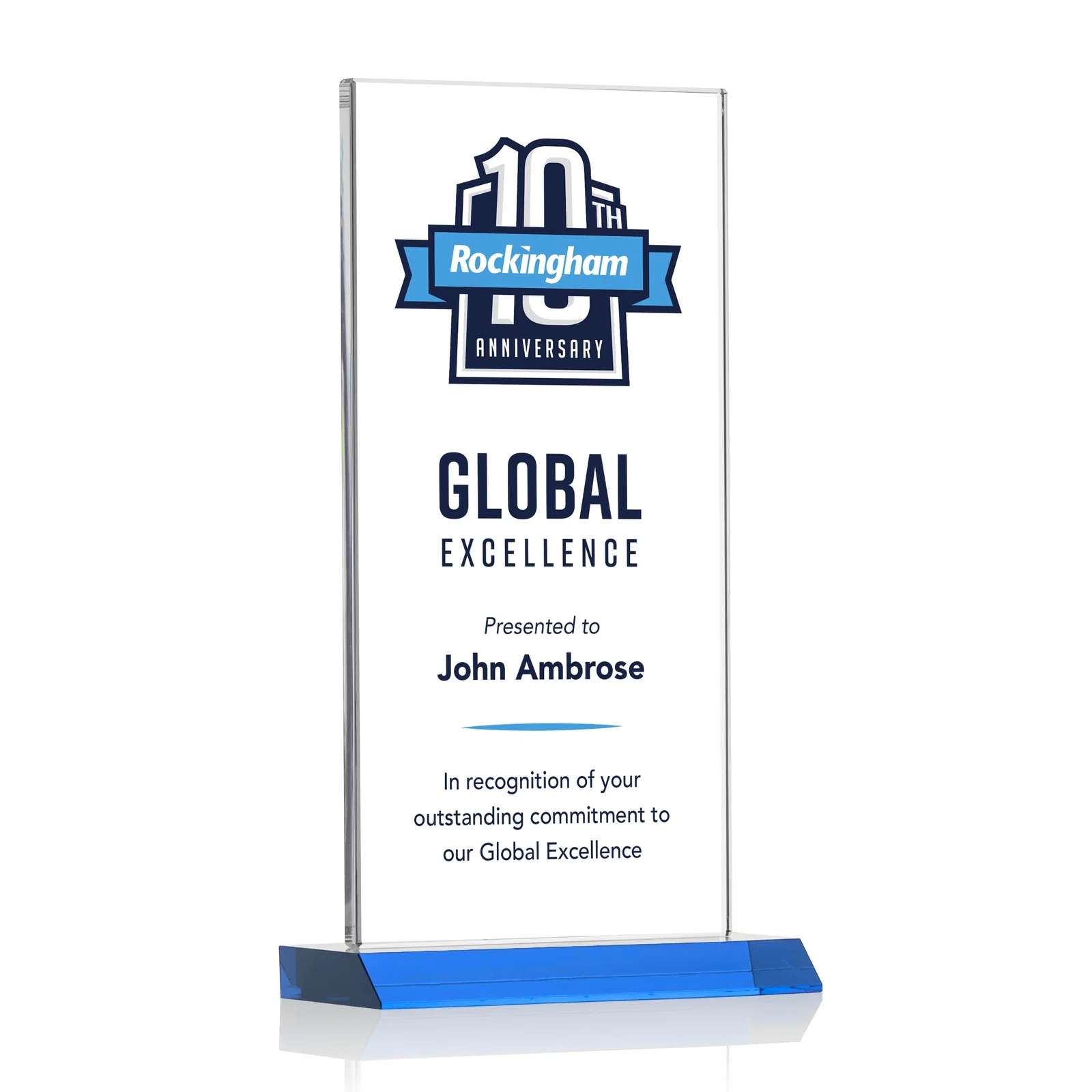Custom printed Starfire Crystal Upright Award on Mitered Base, awards for company anniversary events
