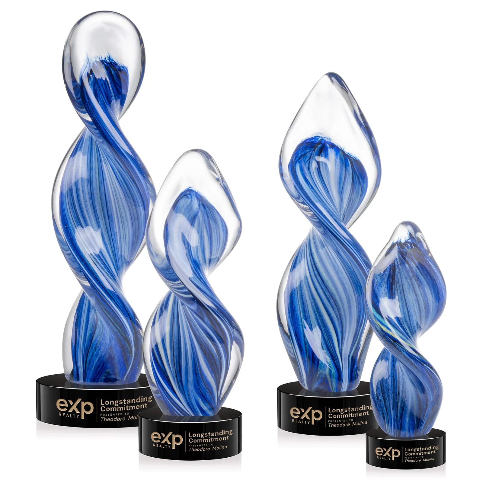 Custom Glass Award With Blue Accents Suspended in a Twisting Form for employee recognition