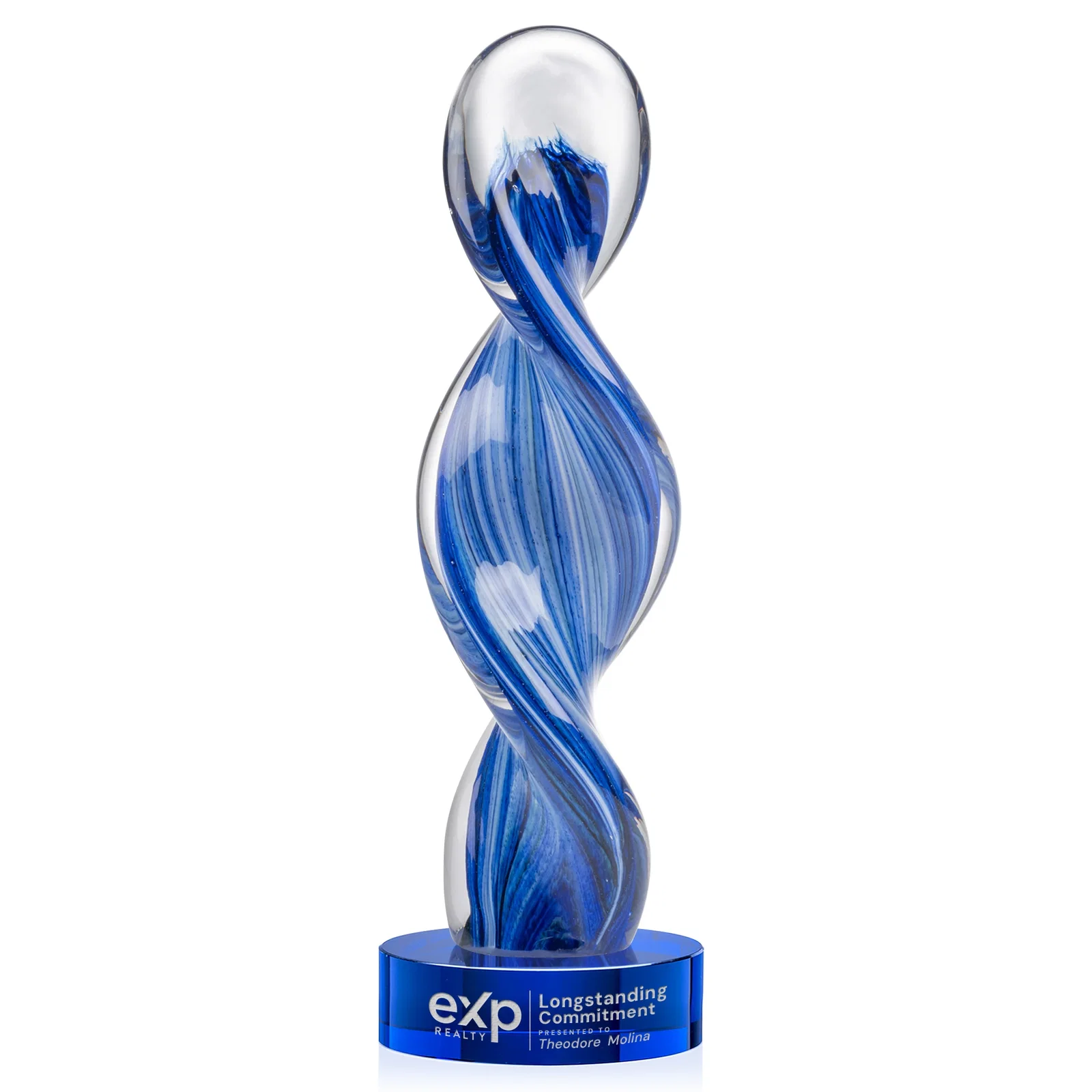 Custom Glass Award With Blue Accents Suspended in a Twisting Form for dealer and partner awards