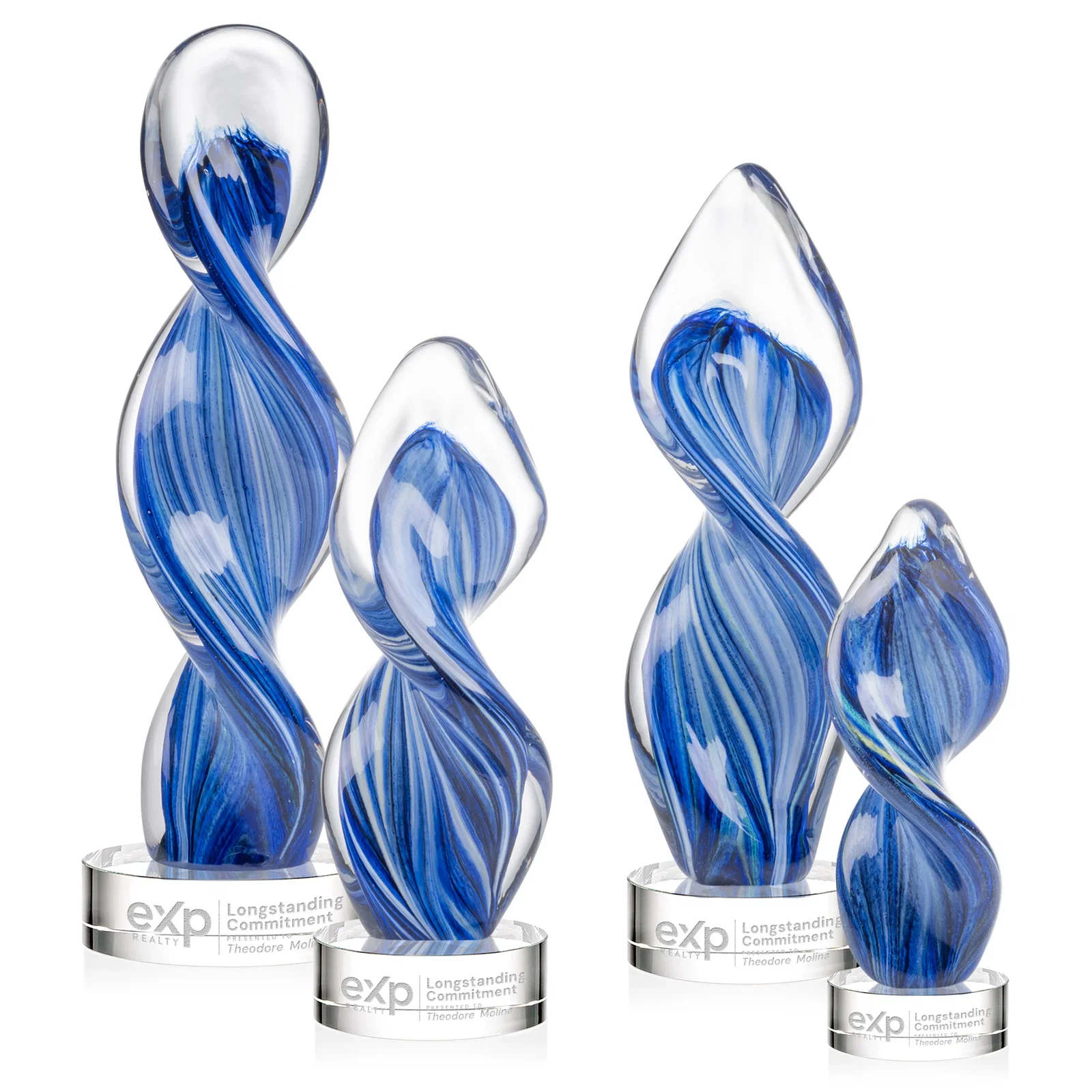 Custom Glass Award With Blue Accents Suspended in a Twisting Form for company anniversary events