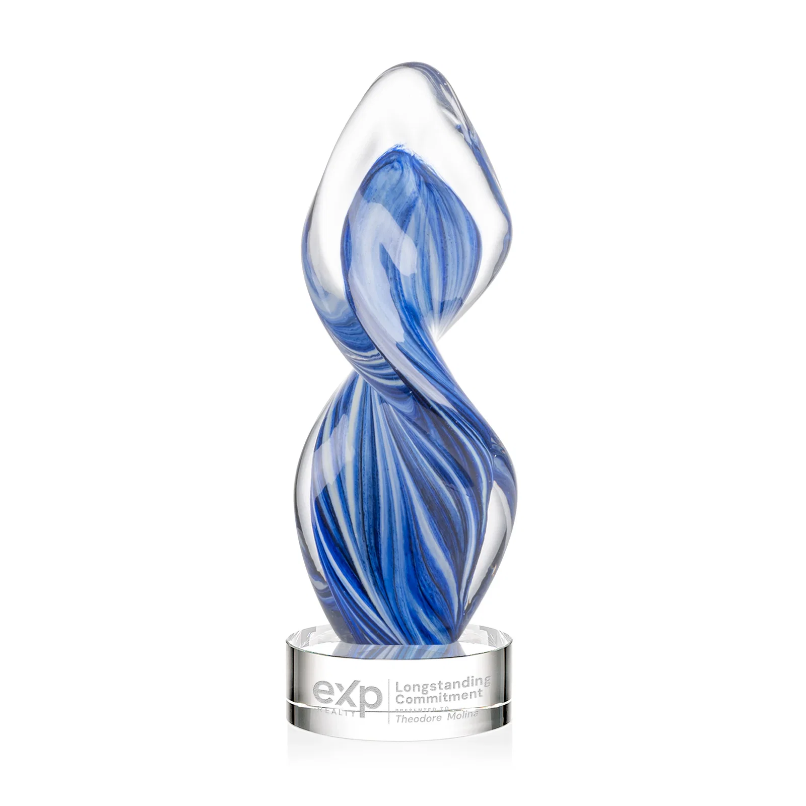 Personalized Glass Award With Blue Accents Suspended in a Twisting Form for corporate award ceremonies