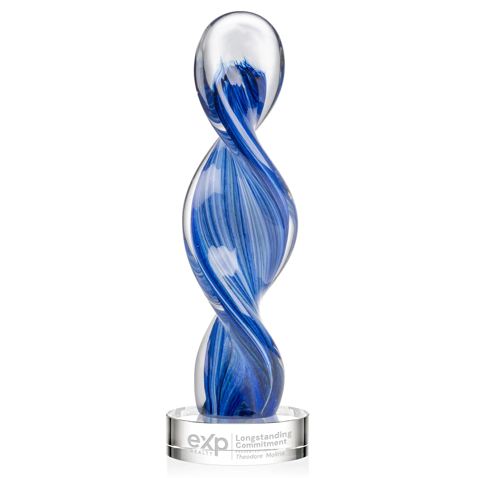 Personalized Glass Award With Blue Accents Suspended in a Twisting Form for sales achievement awards