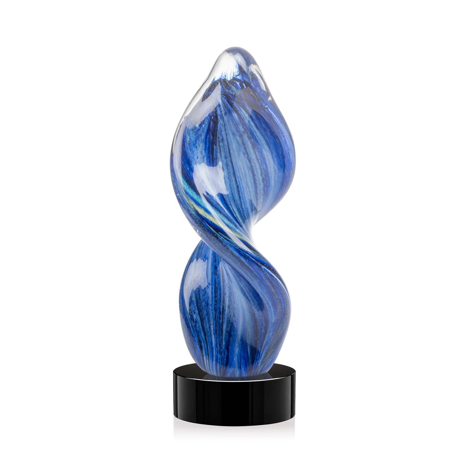 Personalized Glass Award With Blue Accents Suspended in a Twisting Form for retirement presentations